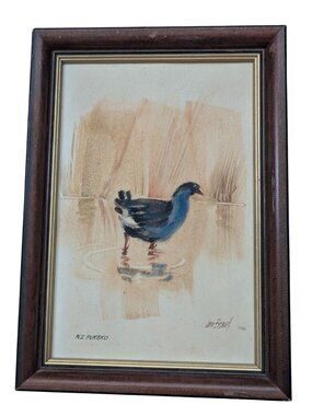 New Zealand Pukeko Artwork John Brasell in Wood Frame Minor Flaws 8.5 x 6 in